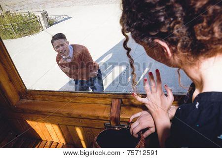 Retro Image Of Sad Young Woman Waving In The Wagon Train Or Tram ,  Leave-taking  Of  Shaken. Husban