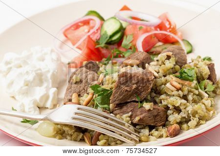 Beef, cooked with onion and spices and served on a bed of frikeh,with a salad and yoghurt and garnished with nuts.