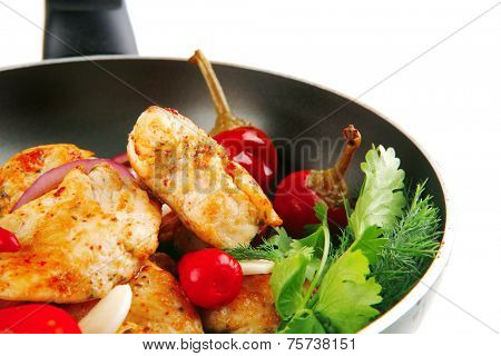 fried chicken brisket slices on teflon pan