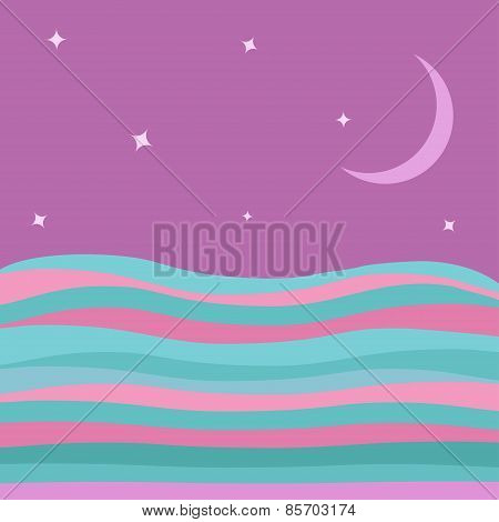 Sea Ocean Water With Blue Pink Waves Violet Sky And Halfmoon Stars Background Abstract Underwater La