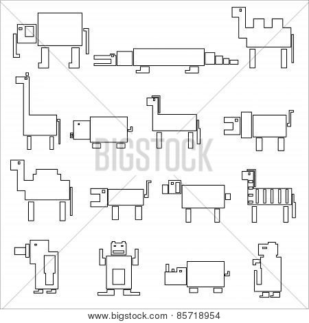Black Square Outline Digital Simple Retro Animals Eps10