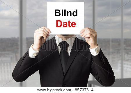 Businessman Hiding Face Behind Sign Blind Date