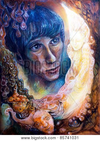 Young Man Face Astonished By Playing Radiant Elven Creature, Beautiful Fantasy Colorful Painting