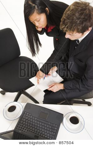 business people talking over white