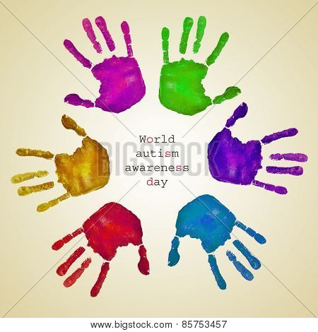 some handprints of different colors forming a circle on a beige background and the text world autism awareness day written inside