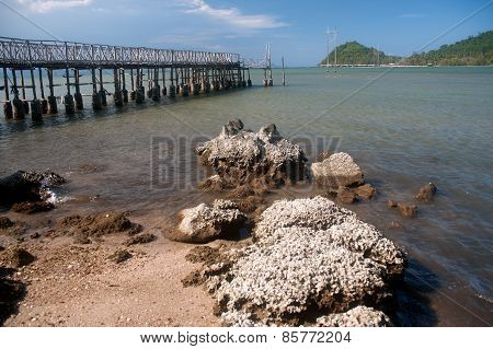 The Traditional Wooden Long Bridge Over The Sea,Thailand.