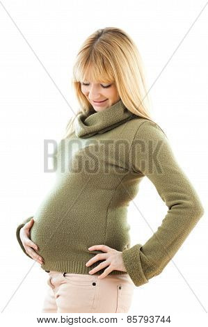 Pregnant woman holding stomach