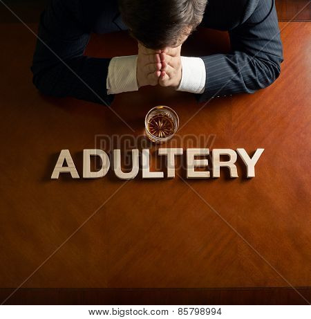 Word Adultery and devastated man composition