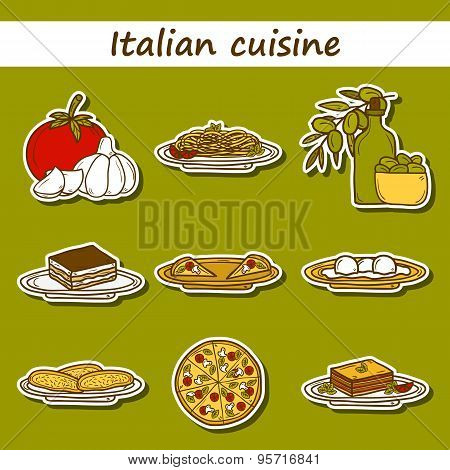 Set of cute cartoon stickers in hand drawn style on italian food theme: pizza, pasta, tomato, olive oil, olives, tiramisu, mozzarella, lasagna. Ethnic cuisine concept. Italian cuisine hand drawn objects. Great for restaurant menu, logo or emblem, shop