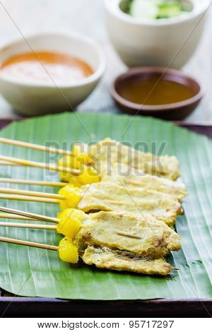 Grilled Pork Satay With Peanut Sauce And Vinegar, Thai Food.