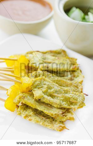 Grilled Pork Satay With Peanut Sauce And Vinegar, Thai Food.