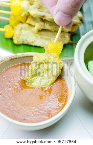 Grilled Pork Satay With Peanut Sauce And Vinegar, Thai Food.