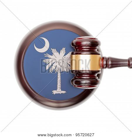 Wooden Judge Gavel And Car Keys Over Sound Box - View From Top