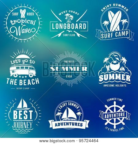 Summer Holidays Design Elements. Set Of Hipster Vintage Logotypes And Badges On Colorful Background