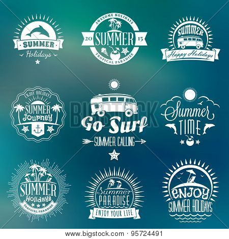 Summer Holidays Design Elements. Set Of Hipster Vintage Logotypes And Badges On Colorful Background