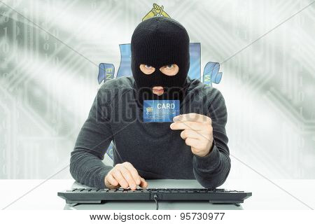 Hacker Holding Credit Card And Usa State Flag On Background - Massachusetts