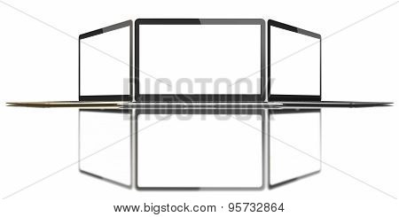 Gold, Silver And Space Gray Laptop With Blank White Screen