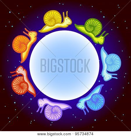 Vector illustration of cute rainbow snails. Night