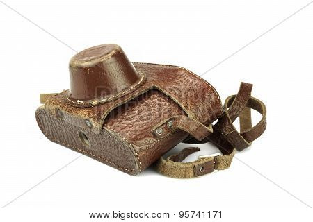 Close-up Of Old Shabby Photo Camera Leather Case Isolated
