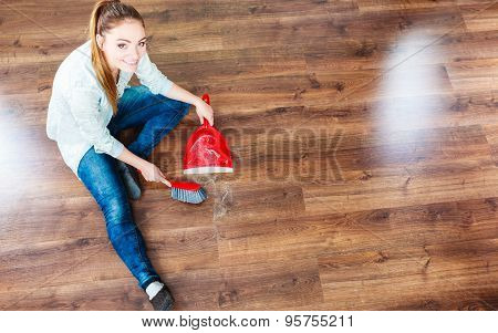 Cleaning Woman Sweeping Wooden Floor