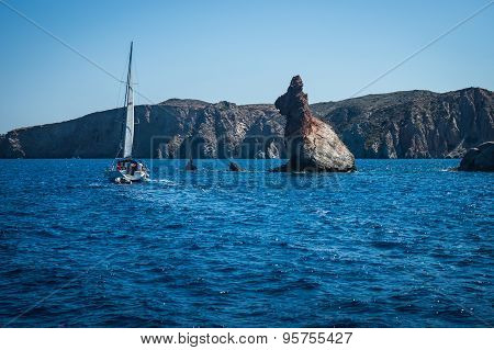 Picturesque Rocks Near Coast Of Island Milos, Greece
