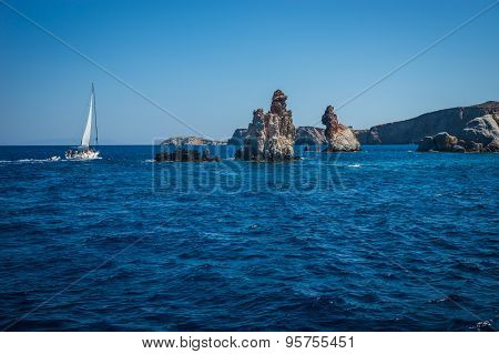 Picturesque Rocks Near Coast Of Island Milos, Greece
