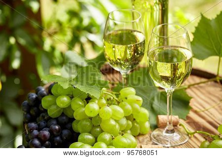 Bottle of white wine with wineglass and grapes on garden terrace