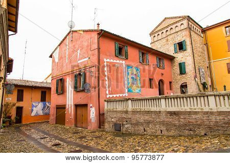 Houses and paintings view in Dozza. Emilia-Romagna. Italy.