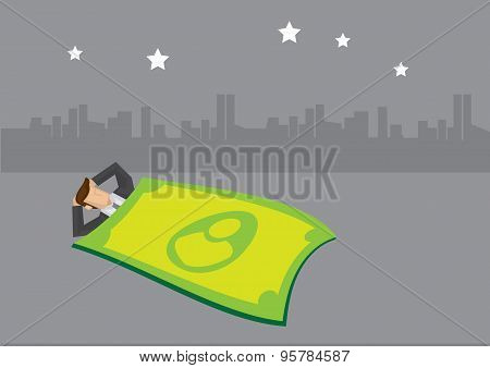 Businessman Sleeping Under Starlight With Money Blanket