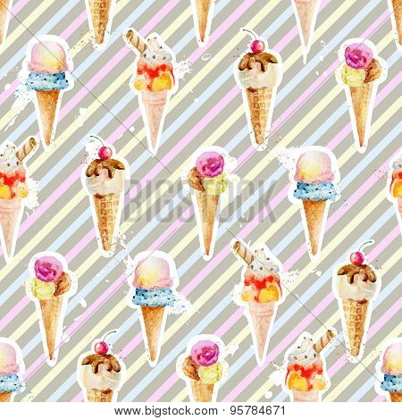 Seamless Pattern With Ice Cream Cones On Background With Colorful Stripes