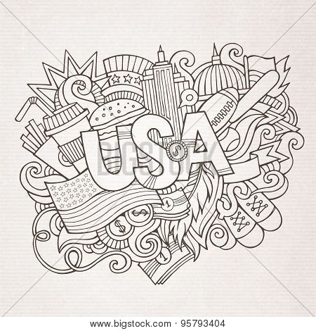 USA hand lettering and doodles elements background