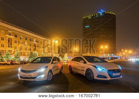ROSTOV-ON-DON, RUSSIA - CIRCA DECEMBER, 2016: Brand new motor cars Hyundai Solaris and Hyundai i40 during test drive