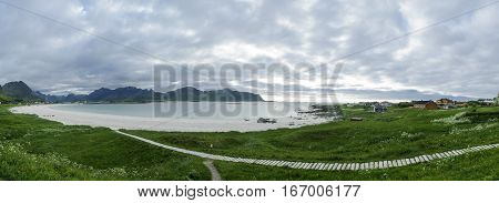 Panoramic view of Ramberg beach in Flakstad, Lofoten Islands, Nordland, Norway, Europe