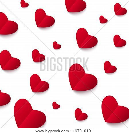 White background with red paper hearts. Vector. Greeting card design for valentines day.