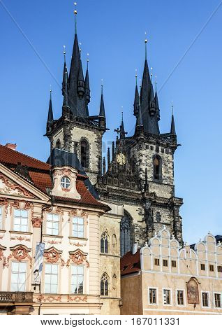 Prague, Czech Republic. Old Town Staromestska square. Church of our Lady Tyn