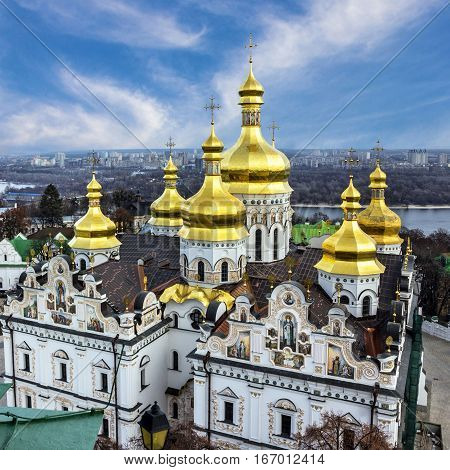 Kiev, Ukraine. Cupolas of Pechersk Lavra Monastery and river Dniepr