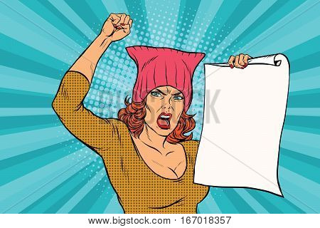 woman feminist protest at the rally. Retro pop art comic vector illustration. pussyhat