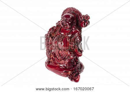 Statue laughing Buddha - Budai or Hotei. Cheerful monk with dragon and money isolated on white background.