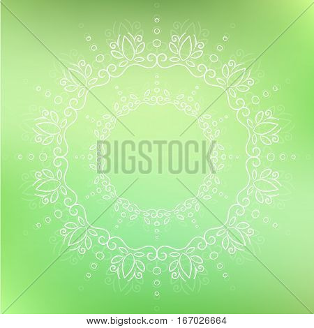 Circular white floral handdrawn ornate mandala, green background