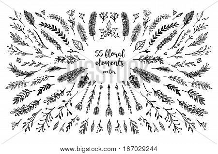 Hand Sketched Vector Vintage Elements ( Laurels, Frames, Leaves, Flowers, Swirls And Feathers). Wild
