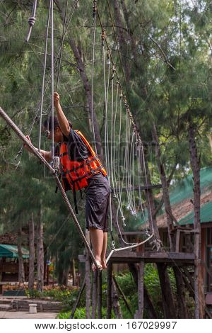 Asia people travel at adventure bases camp sky walker in Thailand