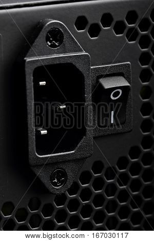 Power Supply Of A Modern Computer Button And Conector.closeup.selective Focus