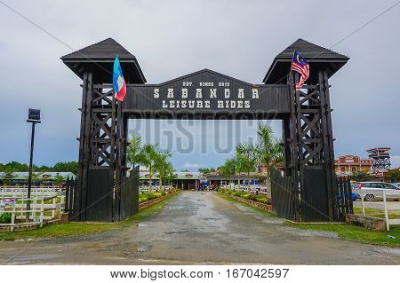 Tuaran,Sabah,Malaysia-Jan 22,2017:Entrance to Sabandar Leisure Rides cowboy town in Tuaran,Sabah features are a 19th century American lodge,stables,restaurants,paddocks,riding trails & lots of horses.