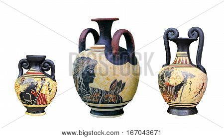Ancient Greek vase isolated on white background. Traditional amphora with the Images of Aphrodite and Zeus (Dias). A set of three vases.