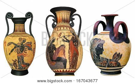 Ancient Greek vase isolated on white background. Traditional amphorae. Image of Aphrodite.