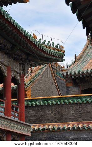 Roof in detail in the Shenyang Imperial Palace Mukden Palace, Shenyang, Liaoning Province, China. Shenyang Imperial Palace is UNESCO world heritage site built in 400 years ago.
