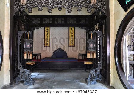Inside view of Jisi House in the Shenyang Imperial Palace Mukden Palace, Shenyang, Liaoning Province, China. Shenyang Imperial Palace is UNESCO world heritage site built in 400 years ago.