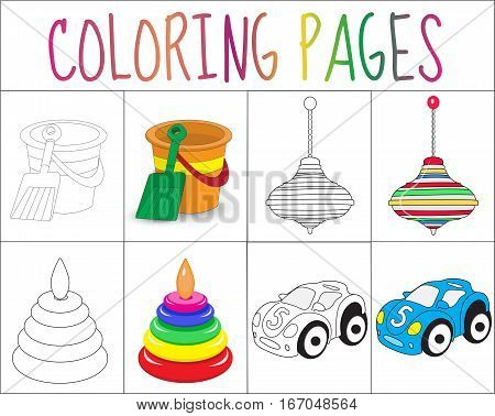 Coloring book page set. Toys collection. Sketch and color version. Coloring for kids. Childrens education. Vector illustration