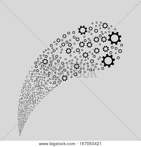 Cogwheel random source stream. Vector illustration style is flat black iconic symbols on a light gray background. Object fountain combined from icons.