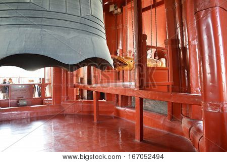 BEIJING, CHINA - NOVEMBER, 2016: The 63 ton bell inside the bell tower is rung by using a serpent head gong.
